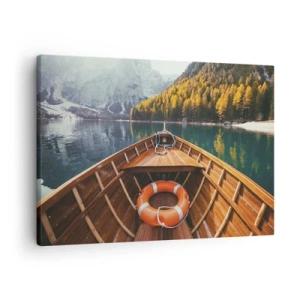 Obraz na plátně - Dřevěná loď na horském jezeře obklopeném lesem - 70x50cm - Horská túra - Moderní nástěnná dekorace do obývacího pokoje a ložnice ARTTOR