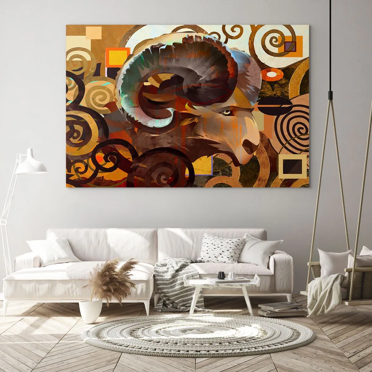 Obraz na skle - Umělecký obraz berana v geometrické a spirálové kompozici. - 70x50cm - Magie - náboženství - rituály - Moderní nástěnná dekorace do obývacího pokoje a ložnice ARTTOR