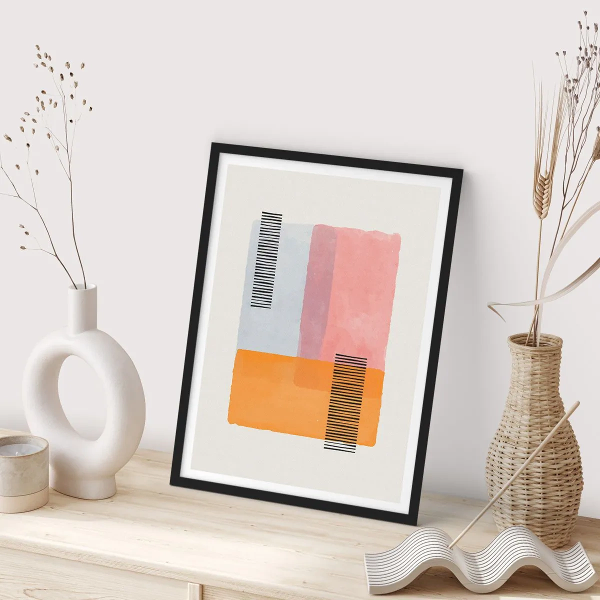 Plakát v černém rámu - Geometrické tvary v pastelových barvách s liniovými akcenty - 50x70cm - Z rohu do rohu - Moderní nástěnná dekorace do obývacího pokoje a ložnice ARTTOR