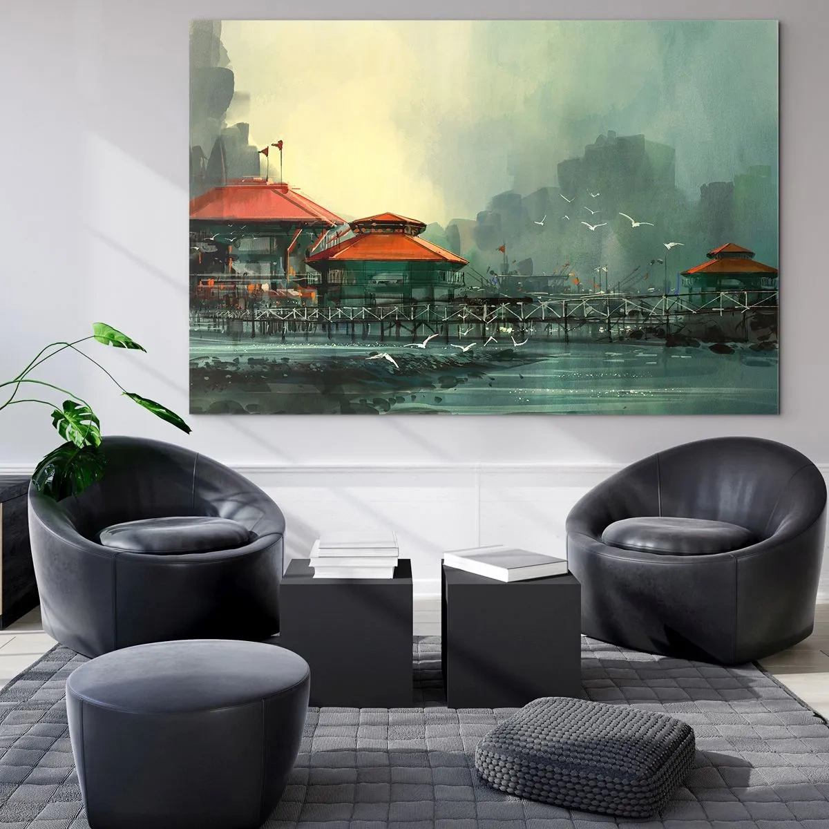 Obraz na skle - Přístavní budovy s červenými střechami proti mlze - 70x50cm - Slunečný den v přístavu - Moderní nástěnná dekorace do obývacího pokoje a ložnice ARTTOR