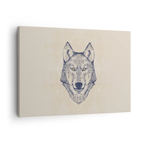 Obraz na plátně - Geometrický vlk na světlém pozadí s minimalistickými vzory. - 70x50cm - Alfa o pronikavém pohledu - Moderní nástěnná dekorace do obývacího pokoje a ložnice ARTTOR