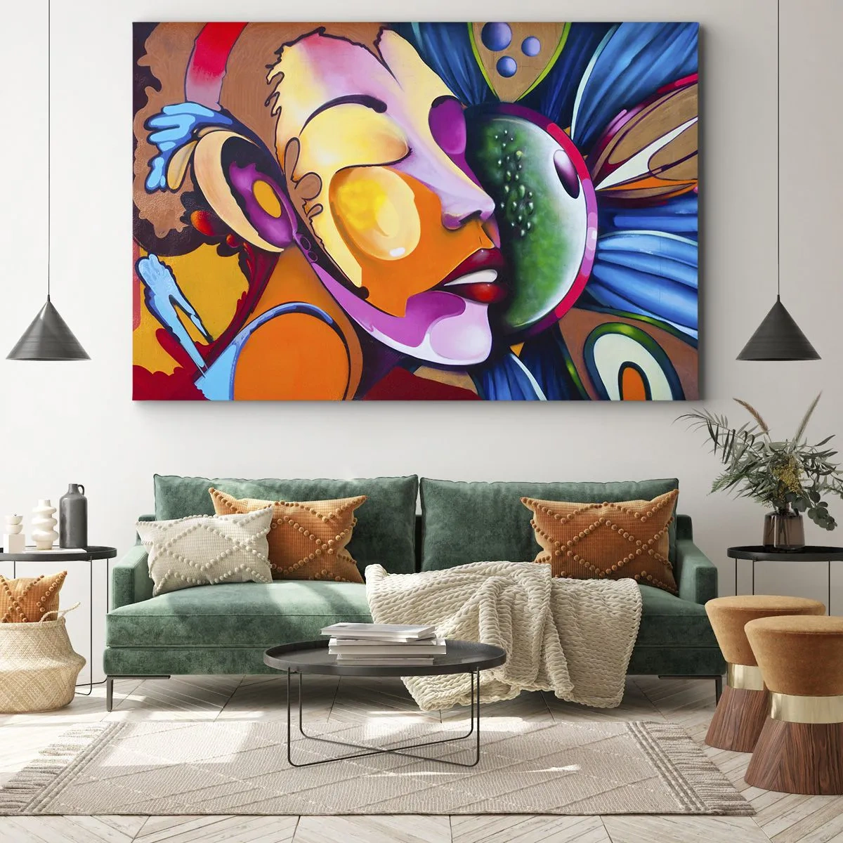 Obraz na plátně - Barevná abstrakce s motivem obličeje v dynamické kompozici - 70x50cm - Dotknout se barvou - Moderní nástěnná dekorace do obývacího pokoje a ložnice ARTTOR