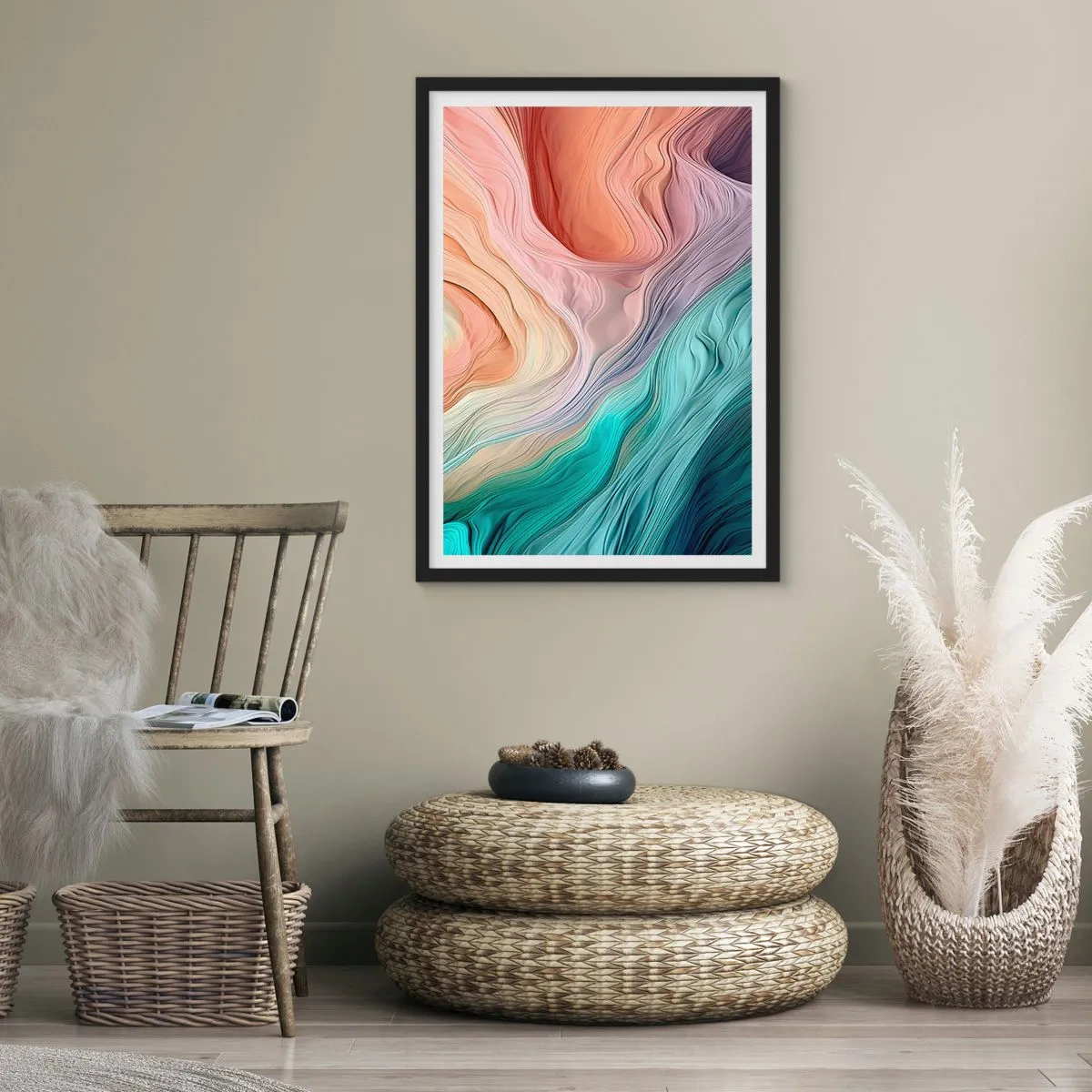 Plakát v černém rámu - Abstraktní kompozice vlnovek v pastelových barvách. - 50x70cm - Duhová vlna - Moderní nástěnná dekorace do obývacího pokoje a ložnice ARTTOR