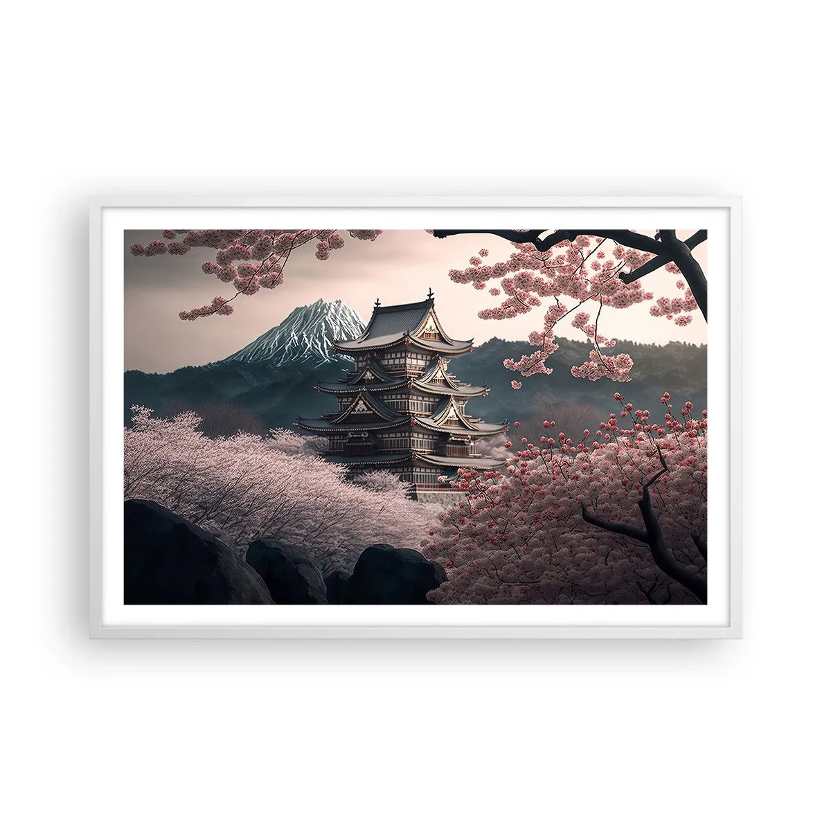 Plakát v bílém rámu - Země kvetoucích třešní - 91x61 cm