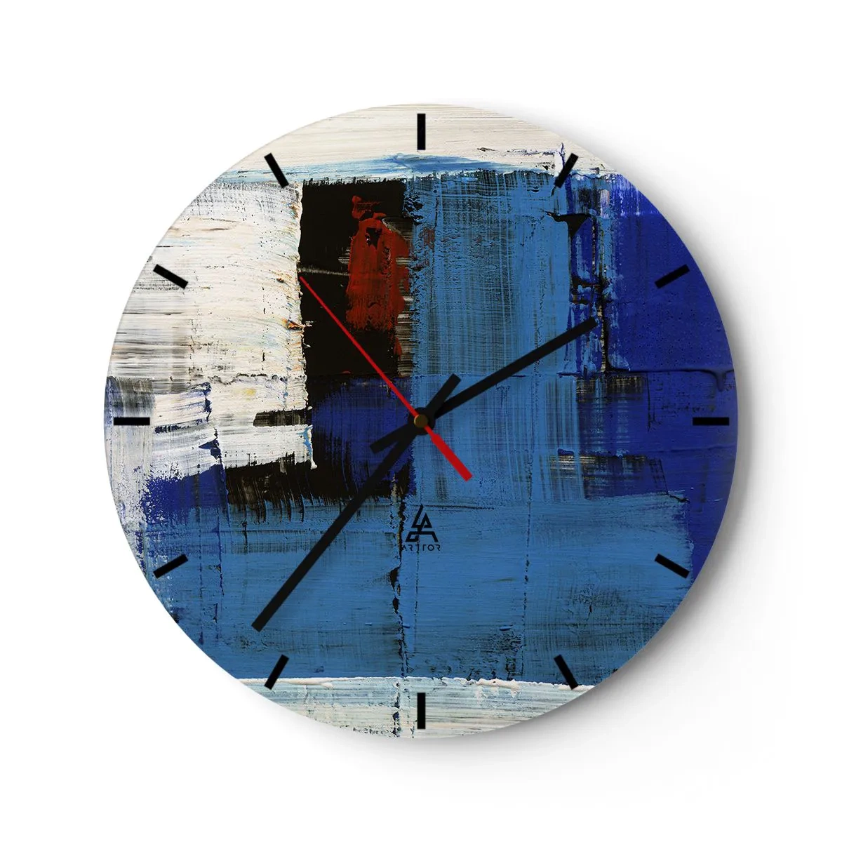 Nástěnné hodiny - Moderní abstrakce s dominantní modrou a akcenty červené. - 30x30cm - Tajemství modré - Moderní nástěnná dekorace do obývacího pokoje, kuchyně a ložnice ARTTOR