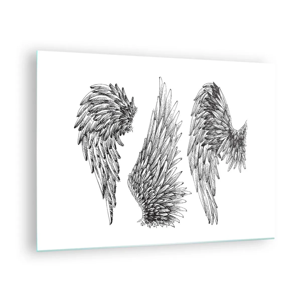 Obraz na skle - Andělská křídla v umělecké černobílé grafice - 70x50cm - I ty se můžeš stát andělem - Moderní nástěnná dekorace do obývacího pokoje a ložnice ARTTOR