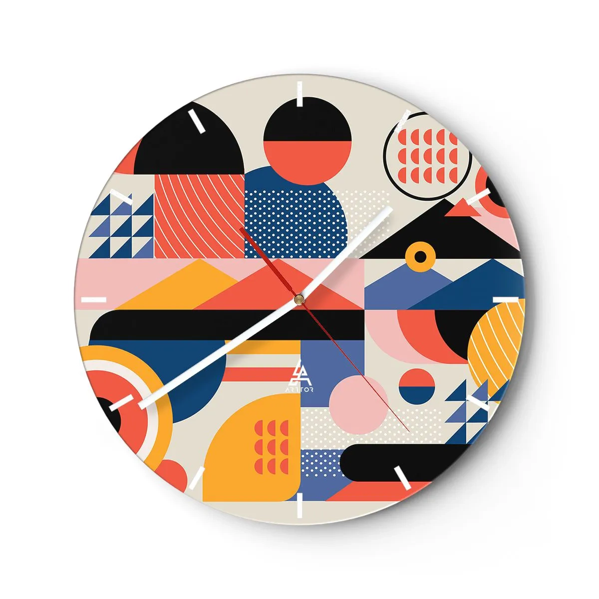 Nástěnné hodiny - Barevná geometrická abstrakce v retro stylu - 30x30cm - Kompozice: pojďme si hrát - Moderní nástěnná dekorace do obývacího pokoje, kuchyně a ložnice ARTTOR