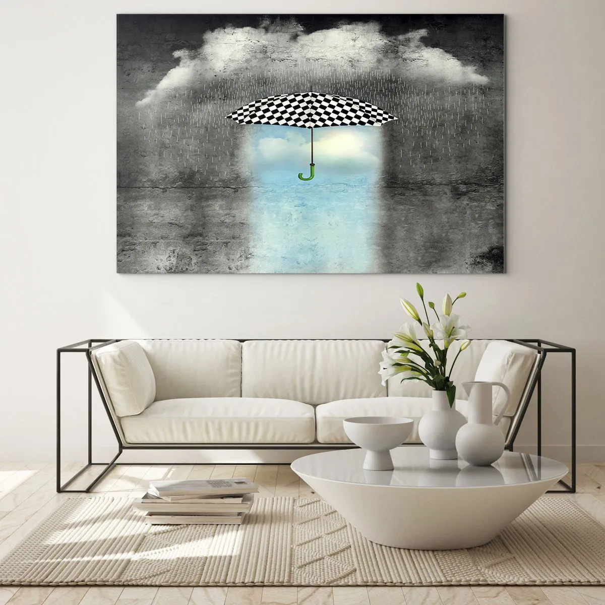 Obraz na skle - Černobílý kostkovaný deštník na pozadí deště a mraků - 70x50cm - A přece je to možné - Moderní nástěnná dekorace do obývacího pokoje a ložnice ARTTOR