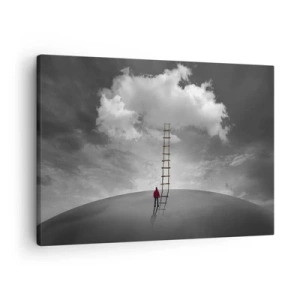 Obraz na plátně - Osoba v červeném kabátě a žebřík vedoucí k oblaku - 70x50cm - Všechno je možné - Moderní nástěnná dekorace do obývacího pokoje a ložnice ARTTOR