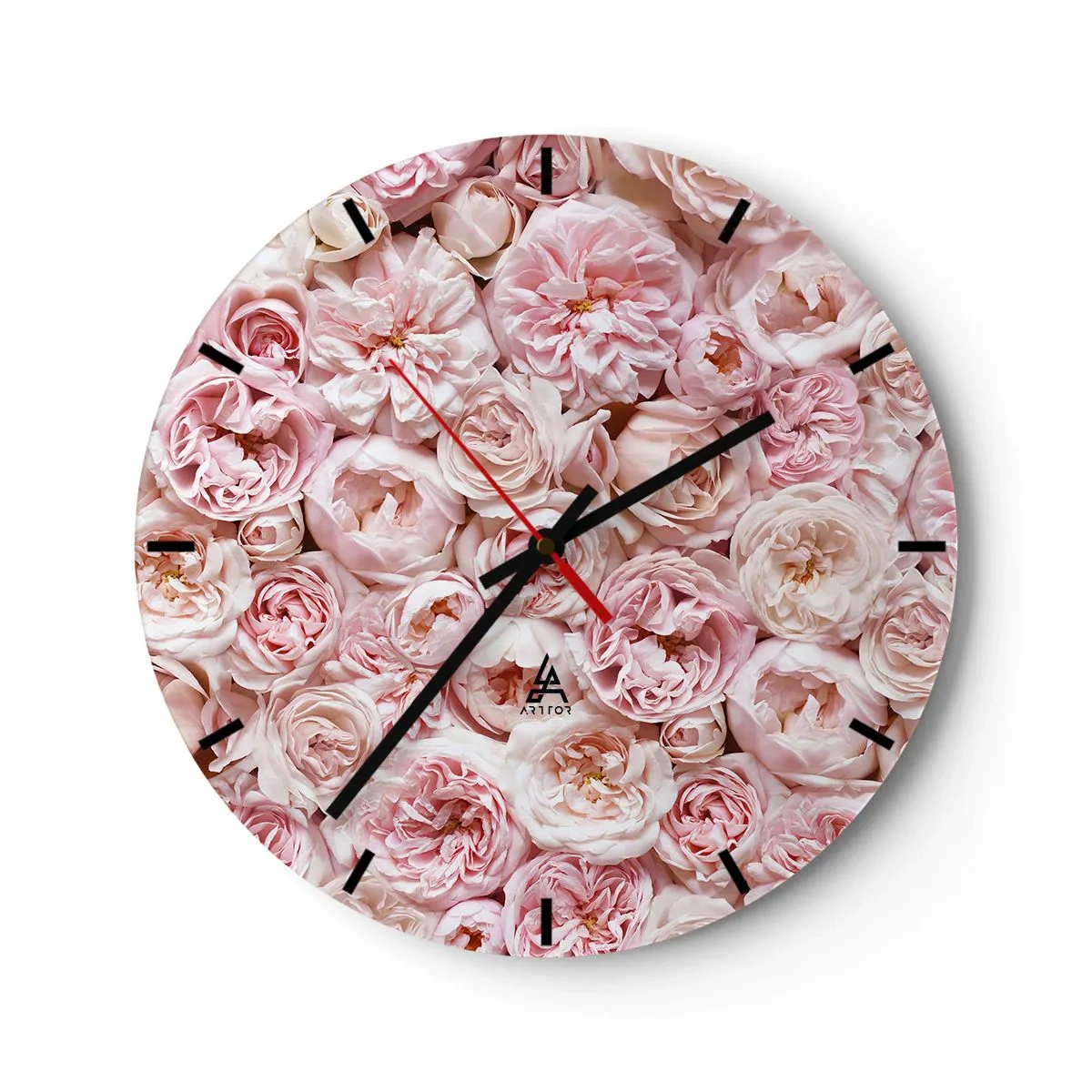 Nástěnné hodiny - Hustá kytice světle růžových růží v plném květu - 30x30cm - Vydlážděná růžemi - Moderní nástěnná dekorace do obývacího pokoje, kuchyně a ložnice ARTTOR