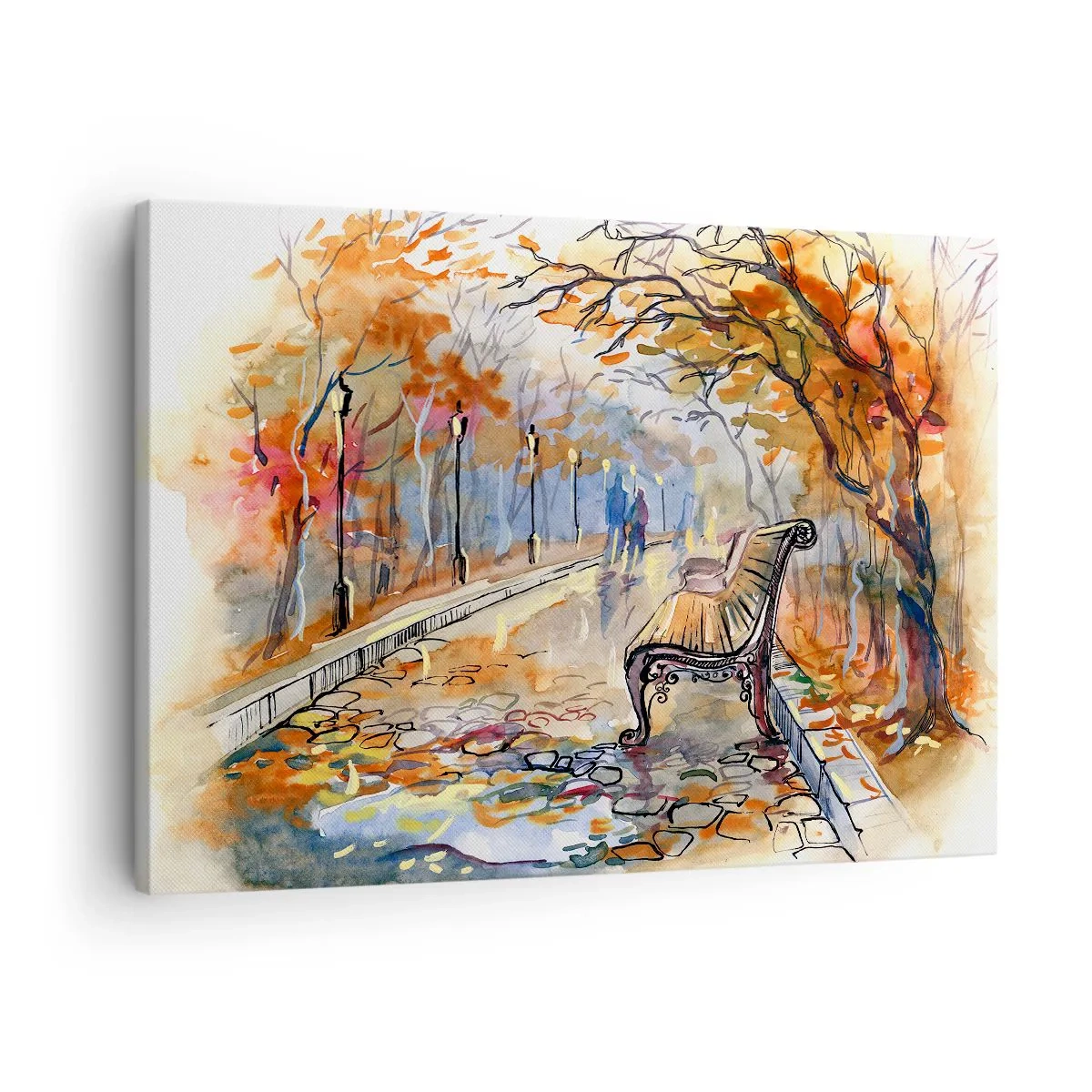 Obraz na plátně - Podzimní park s lavičkou v akvarelu - 70x50cm - Společně putovat podzimem - Moderní nástěnná dekorace do obývacího pokoje a ložnice ARTTOR