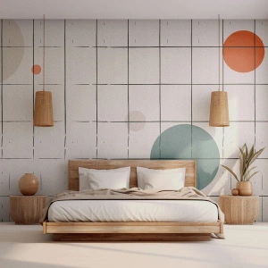 Fototapeta Standard Eco - Barevné kruhy na pozadí mřížky tenkých černých čar - 100x70cm - V pasti. My nebo ony? - Moderní nástěnná dekorace do obývacího pokoje a ložnice ARTTOR