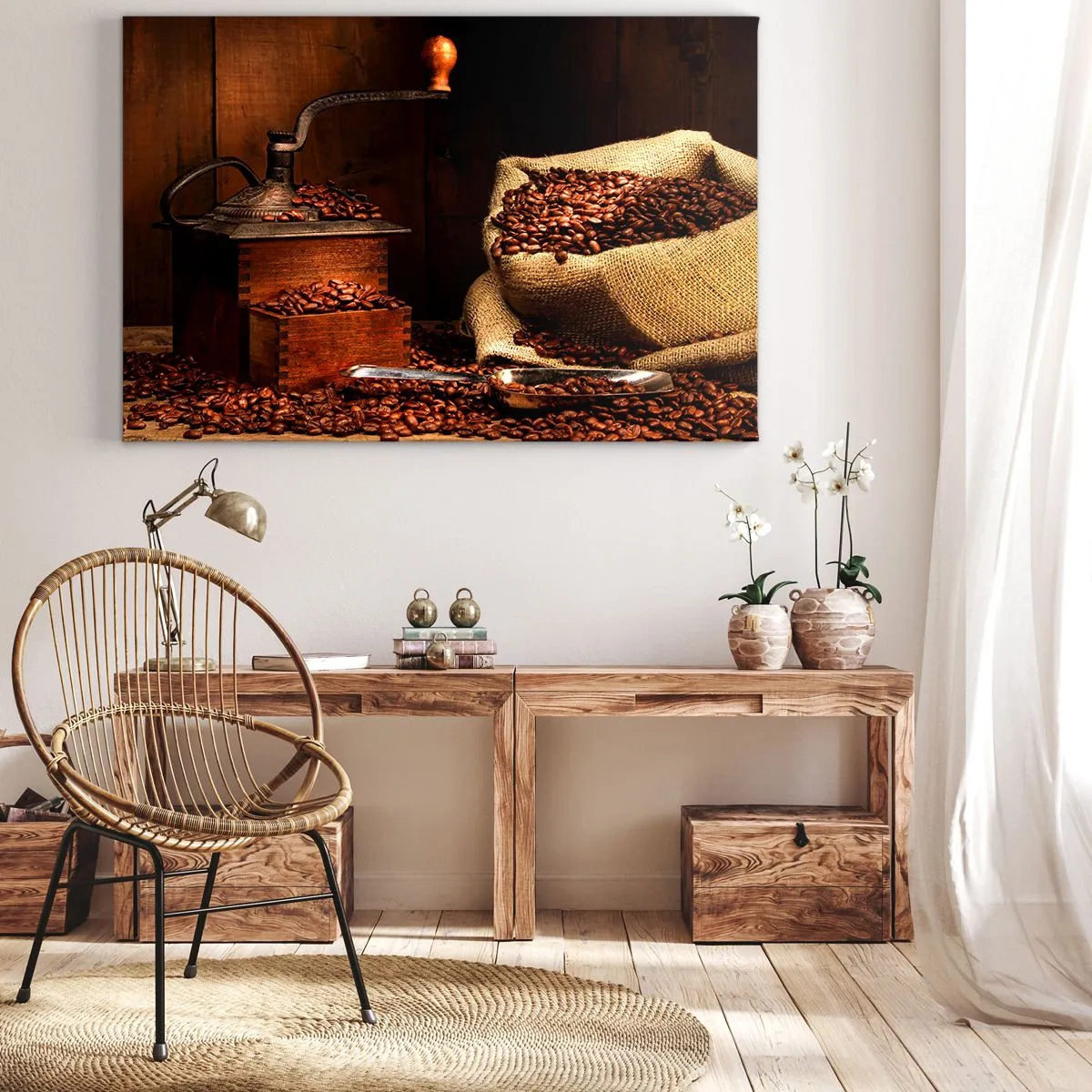 Obraz na plátně - Starý mlýnek na kávu se zrny a sáčkem v rustikálním stylu. - 70x50cm - Zátiší se zrnky kávy a mlýnkem - Moderní nástěnná dekorace do obývacího pokoje a ložnice ARTTOR