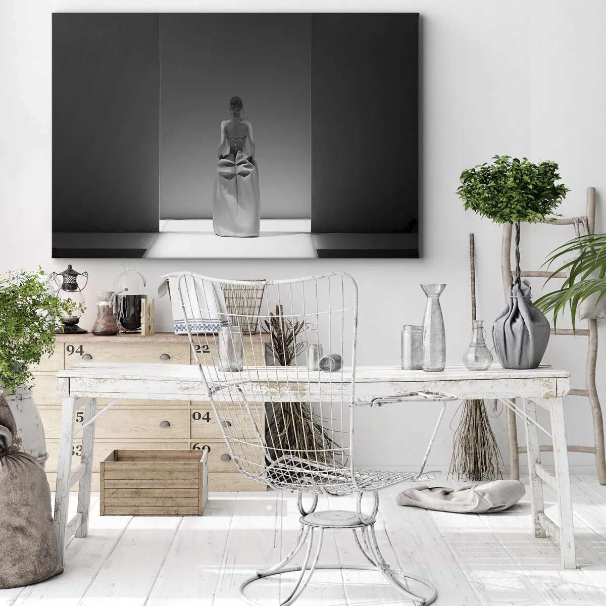 Obraz na plátně - Černobílý obraz s minimalistickým výjevem ženy v geometrickém prostoru. - 70x50cm - Rafinovaná jednoduchost - Moderní nástěnná dekorace do obývacího pokoje a ložnice ARTTOR