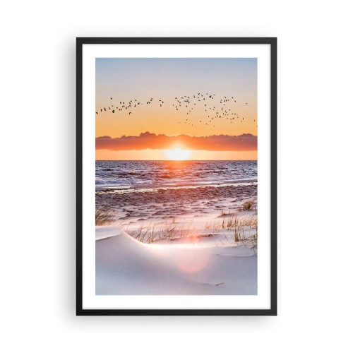 Plakát v černém rámu - Západ slunce nad mořem s ptáky na obzoru a pláží - 50x70cm - Horizontální krajina - Moderní nástěnná dekorace do obývacího pokoje a ložnice ARTTOR