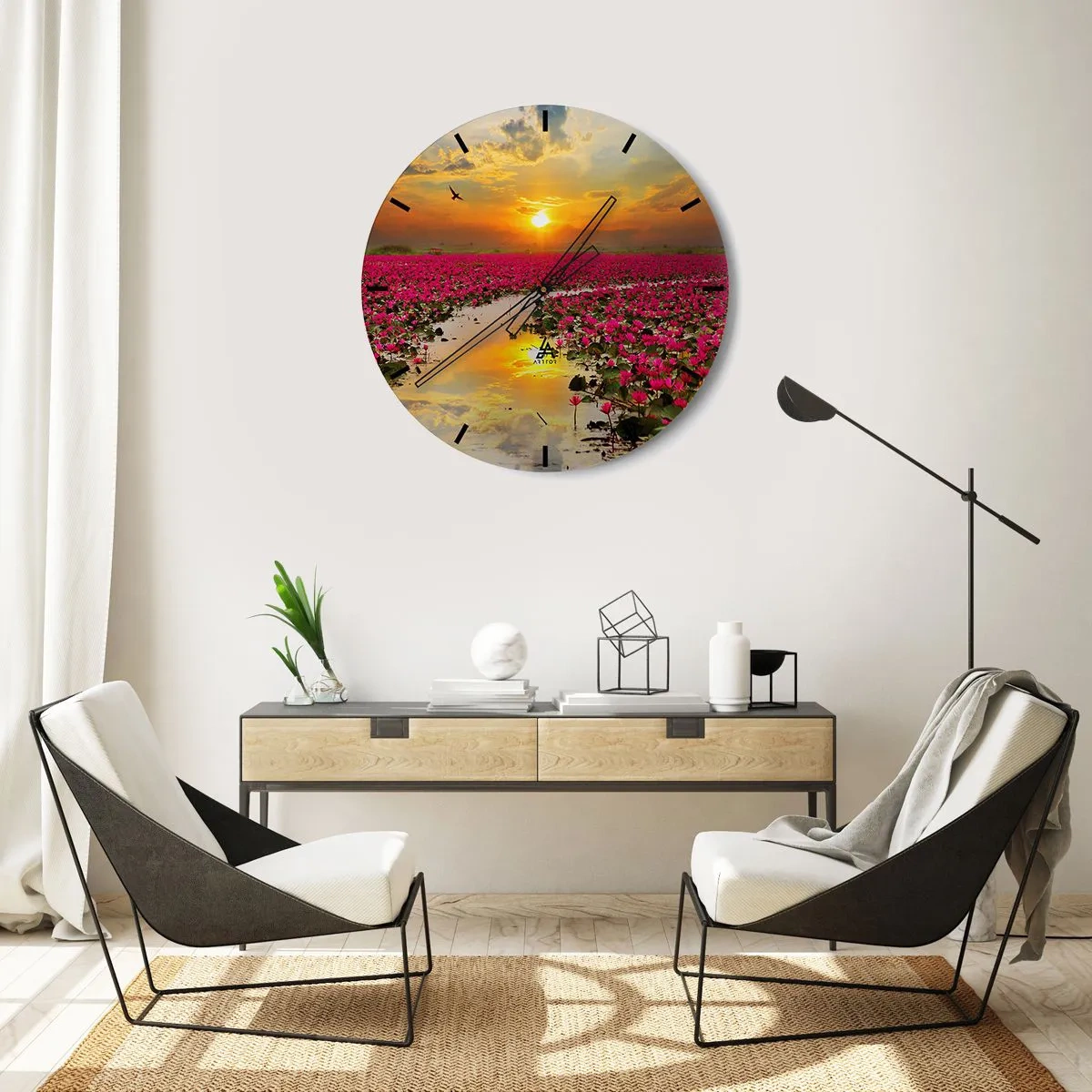 Nástěnné hodiny - Pole růžových lotosových květů při západu slunce - 30x30cm - Tajemný život jezera - Moderní nástěnná dekorace do obývacího pokoje, kuchyně a ložnice ARTTOR