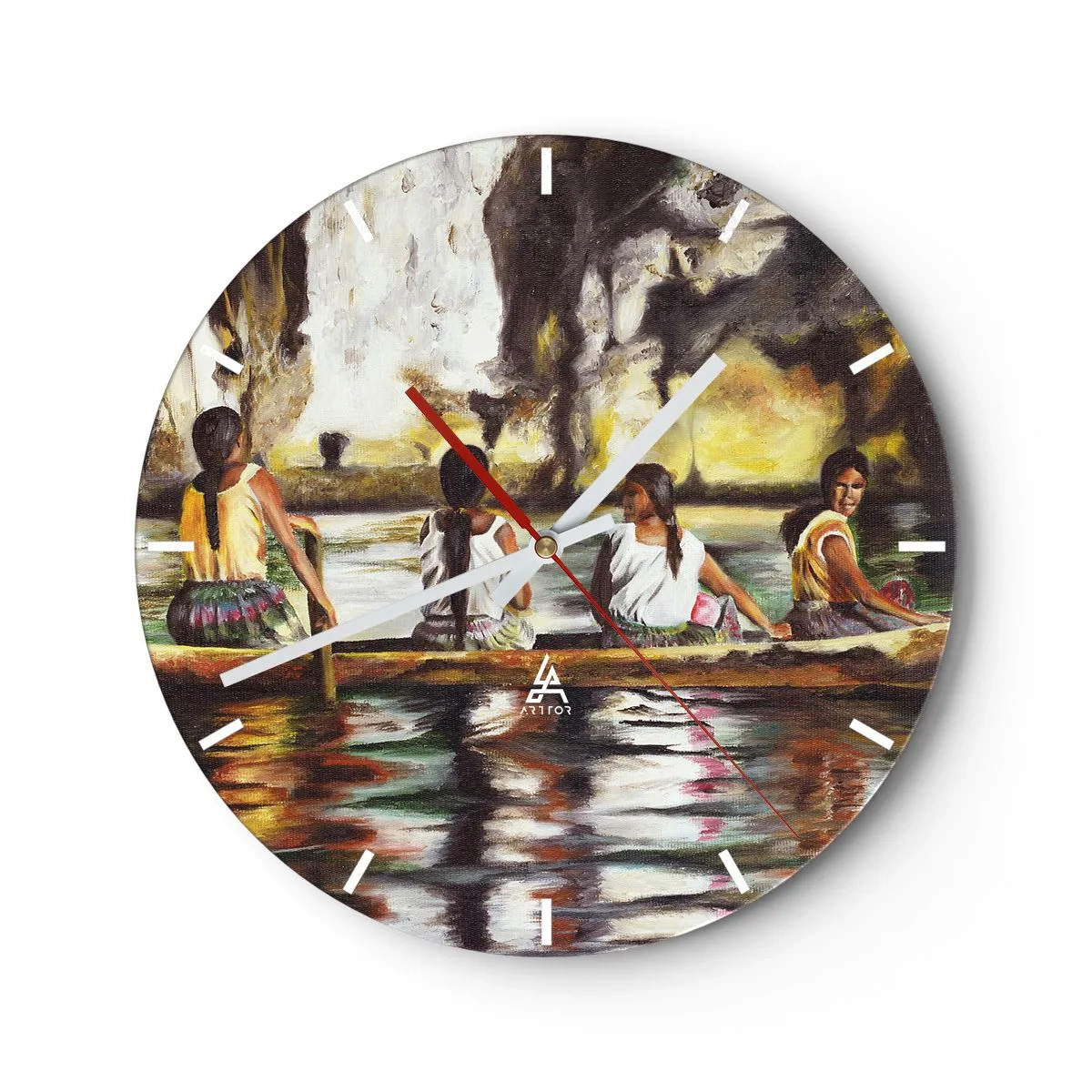 Nástěnné hodiny - Ženy na lodi v tropické krajině s vodou a kameny - 30x30cm - V polynéském ráji - Moderní nástěnná dekorace do obývacího pokoje, kuchyně a ložnice ARTTOR