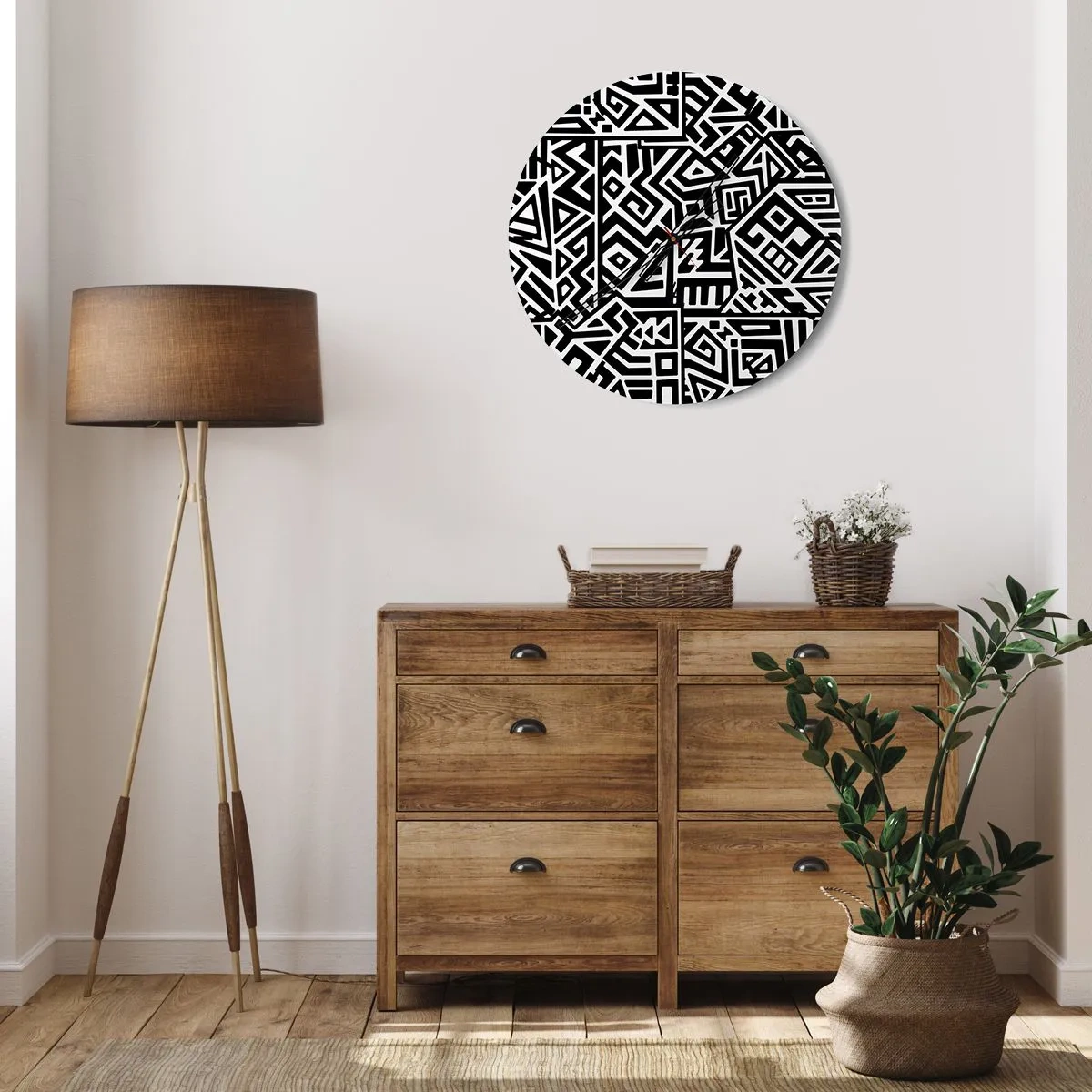 Nástěnné hodiny - Černobílé složení geometrických vzorů - 30x30cm - Předkolumbovská kompozice - Moderní nástěnná dekorace do obývacího pokoje, kuchyně a ložnice ARTTOR