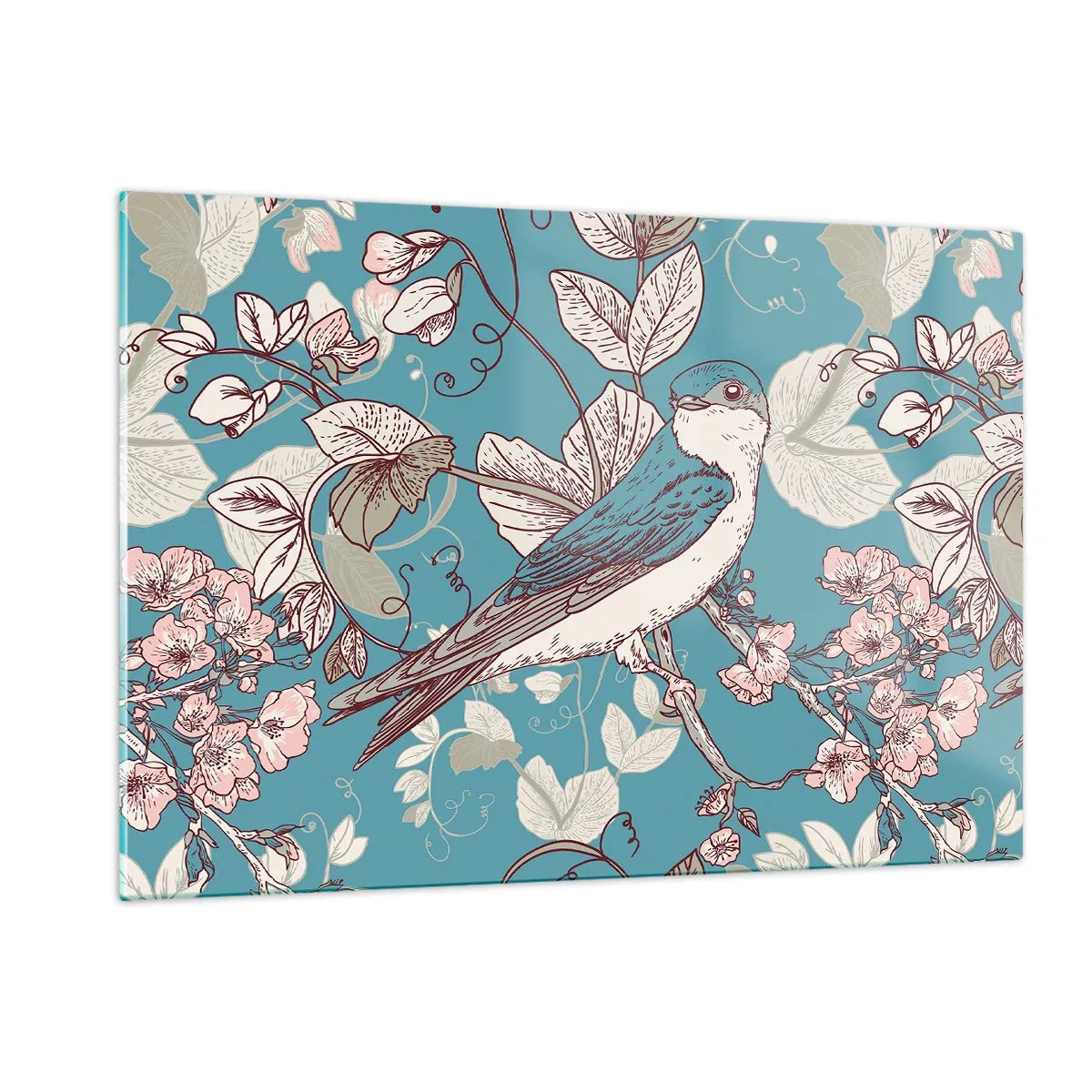 Obraz na skle - Na bílém stromě ptáci a stříbrné listí - 120x80 cm