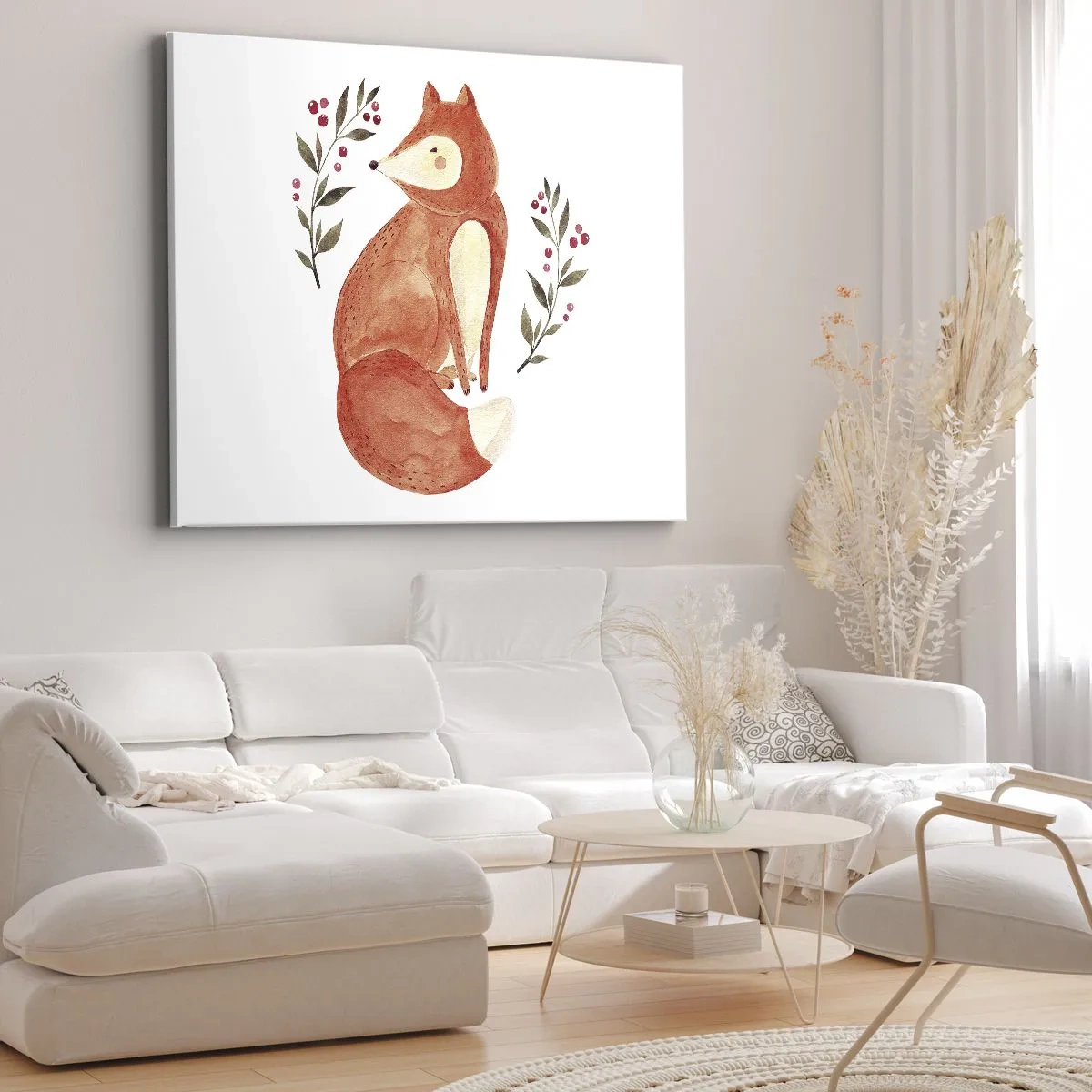 Obraz na plátně - Akvarelová liška obklopená větvičkami s bobulemi - 70x50cm - Malý zrzek - Moderní nástěnná dekorace do obývacího pokoje a ložnice ARTTOR