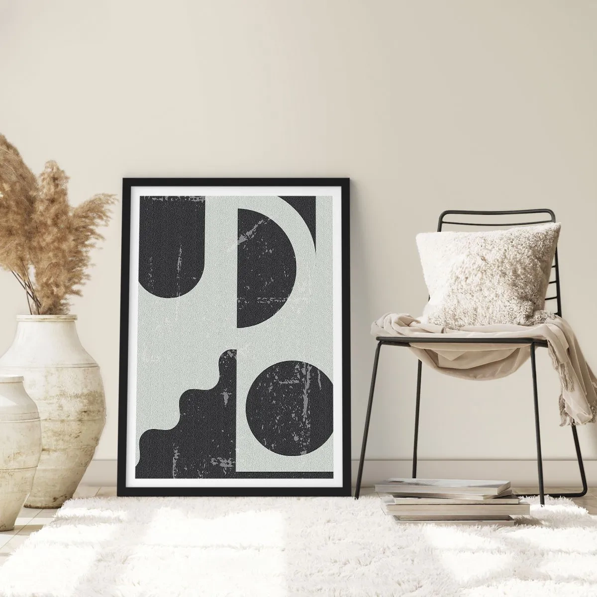 Plakát v černém rámu - Abstraktní geometrické kompozice v černé a šedé barvě - 50x70cm - Kompozice nad a pod - Moderní nástěnná dekorace do obývacího pokoje a ložnice ARTTOR