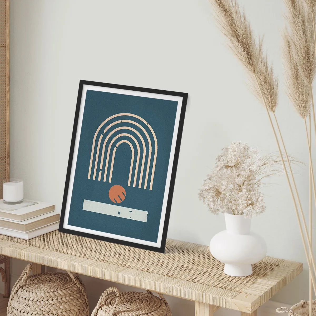 Plakát v černém rámu - Geometrické oblouky a koule na tmavém pozadí - 50x70cm - Geometrie v námořnické modři - Moderní nástěnná dekorace do obývacího pokoje a ložnice ARTTOR