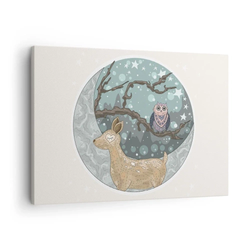 Obraz na plátně - Jelen a sova v pohádkové noční krajině - 70x50cm - Pohádková, lesní noc - Moderní nástěnná dekorace do obývacího pokoje a ložnice ARTTOR