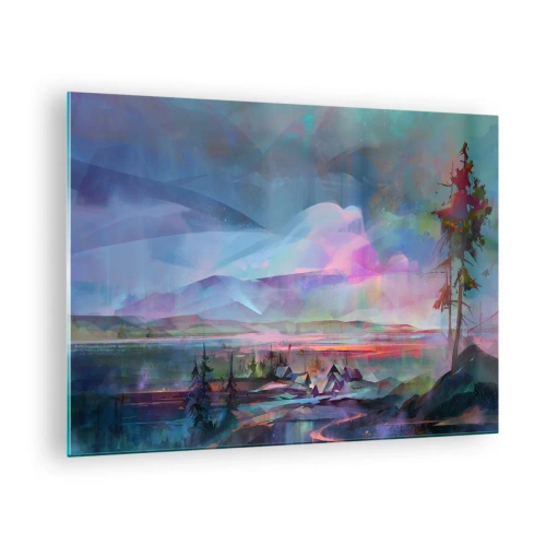 Obraz na skle - Barevná krajina s horami a chatkami v surrealistickém stylu. - 70x50cm - Pod přátelským nebem - Moderní nástěnná dekorace do obývacího pokoje a ložnice ARTTOR