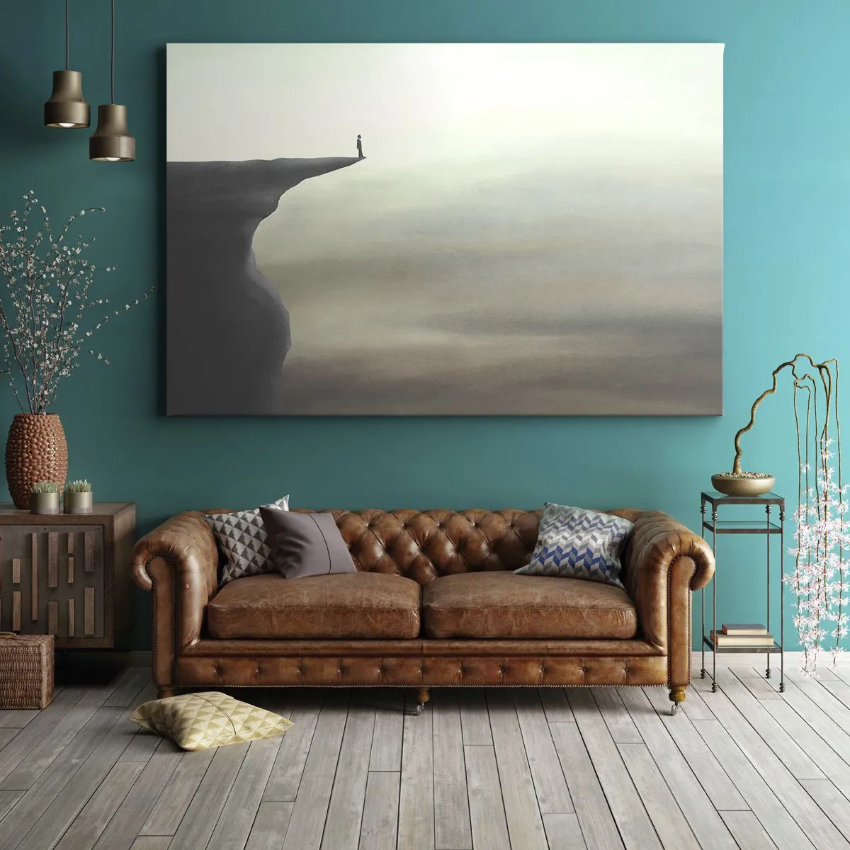 Obraz na plátně - Silueta postavy na okraji útesu v mlhavé krajině - 70x50cm - Nahoru, samozřejmě! - Moderní nástěnná dekorace do obývacího pokoje a ložnice ARTTOR
