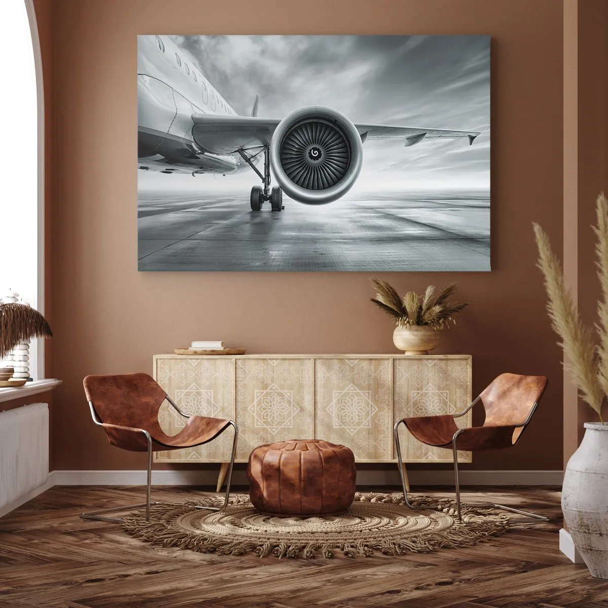 Obraz na plátně - Tryskový motor letadla na přistávací dráze - 70x50cm - Toto je síla! - Moderní nástěnná dekorace do obývacího pokoje a ložnice ARTTOR