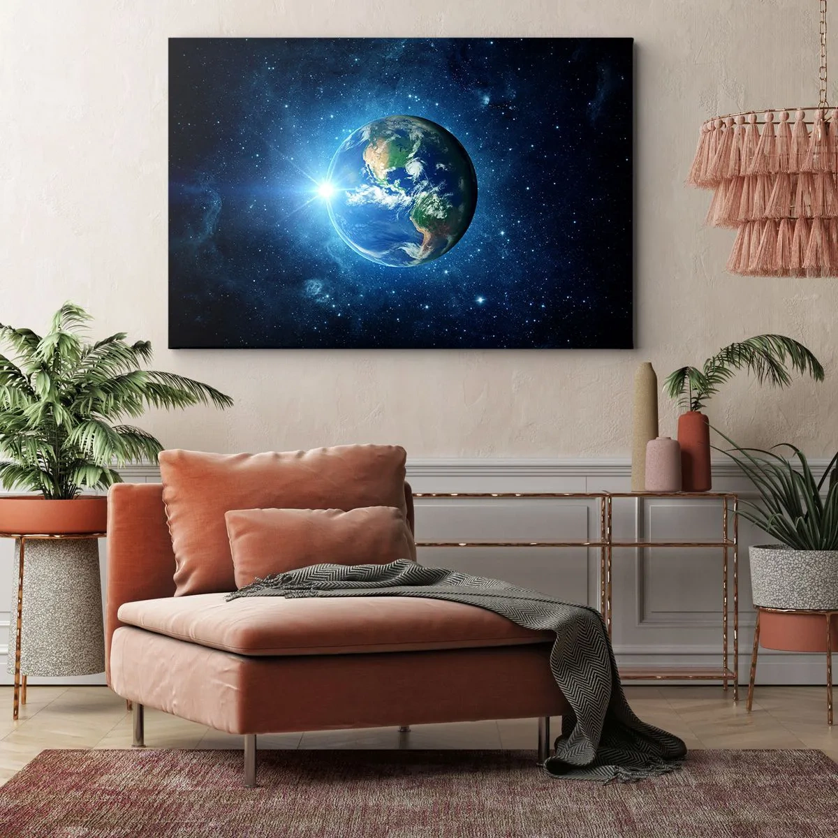 Obraz na plátně - Země ve vesmíru obklopená hvězdami a světlem - 70x50cm - Jsme v nebi - Moderní nástěnná dekorace do obývacího pokoje a ložnice ARTTOR