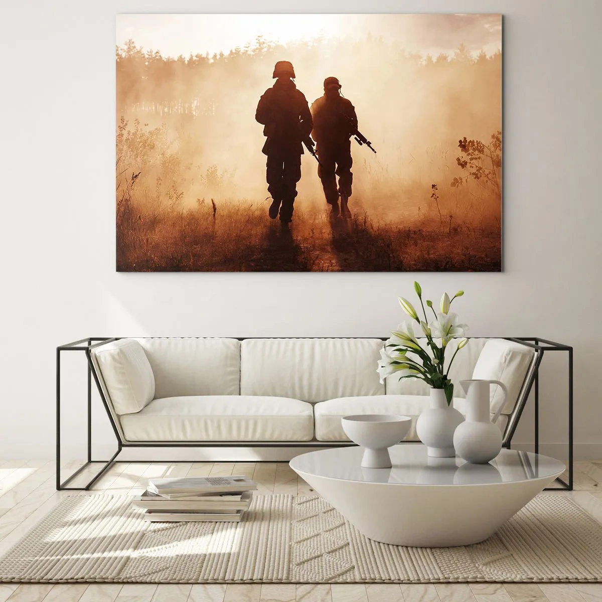 Obraz na skle - Dva vojáci v akci na pozadí zapadajícího slunce - 70x50cm - Call of Duty - Moderní nástěnná dekorace do obývacího pokoje a ložnice ARTTOR