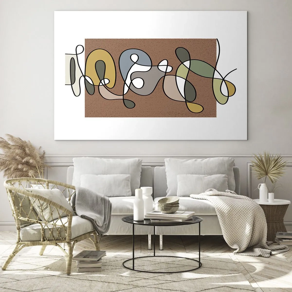 Obraz na skle - Barevná abstrakce s černou linkou na hnědém pozadí - 70x50cm - Abstrakce, která stojí za úsměv - Moderní nástěnná dekorace do obývacího pokoje a ložnice ARTTOR
