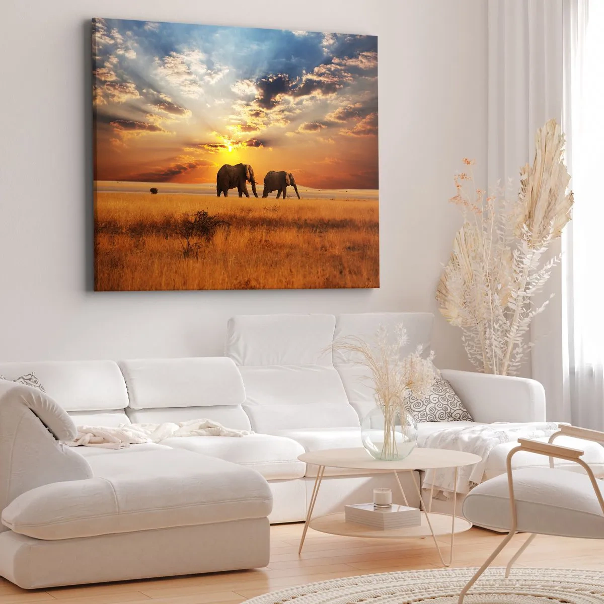 Obraz na plátně - Sloni na savaně při západu slunce - 70x50cm - Rodinná procházka - Moderní nástěnná dekorace do obývacího pokoje a ložnice ARTTOR