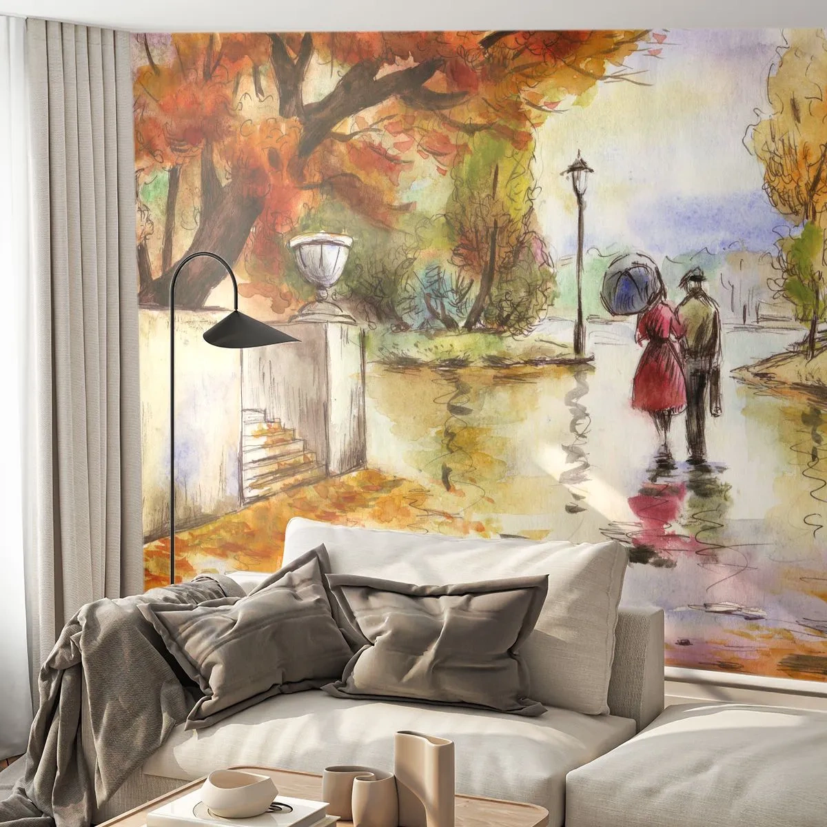 Fototapeta Premium Canvas - Romantický podzim v parku - Město, Lidé, Zamilovaný pár - 350x256 cm