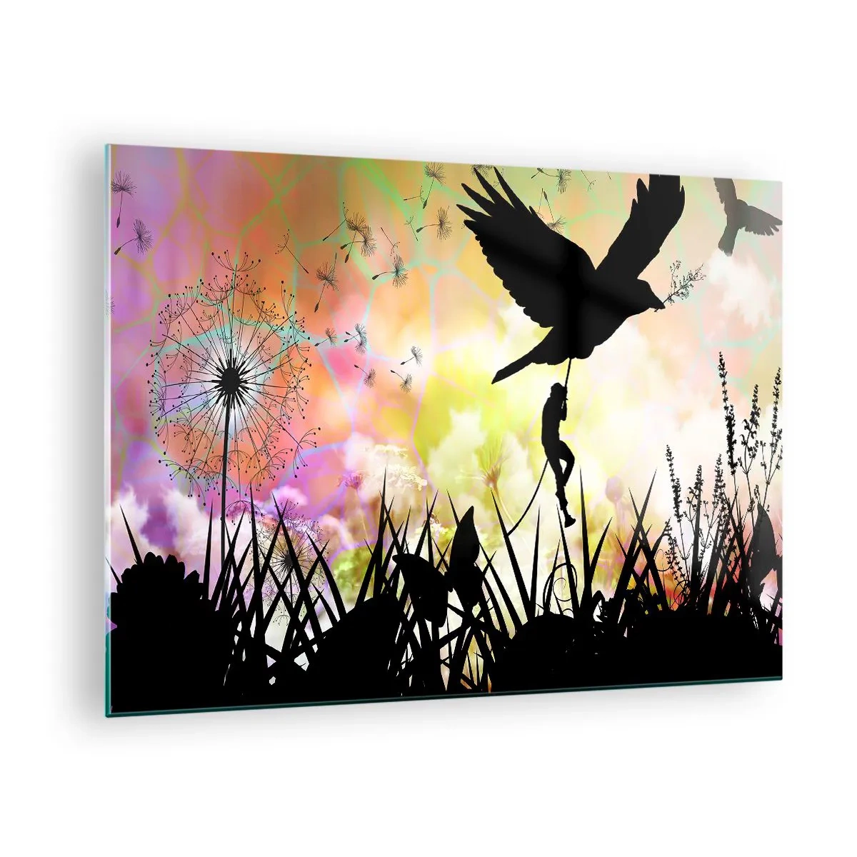 Obraz na skle - Ilustrace postavy šplhající po ptákovi na pozadí barevných květin. - 70x50cm - V pohádkové atmosféře - Moderní nástěnná dekorace do obývacího pokoje a ložnice ARTTOR