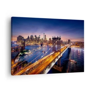 Obraz na plátně - Most a panorama města při západu slunce - 70x50cm - Zářící most do srdce města - Moderní nástěnná dekorace do obývacího pokoje a ložnice ARTTOR