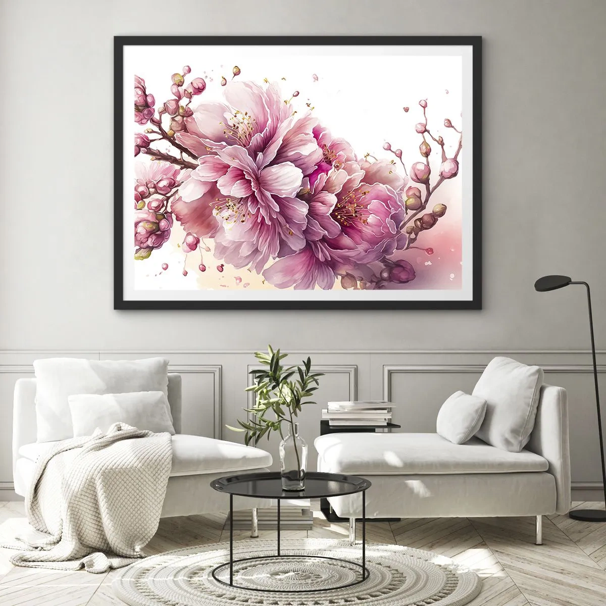 Plakát v černém rámu - Květ kvetoucí třešně - 70x50 cm