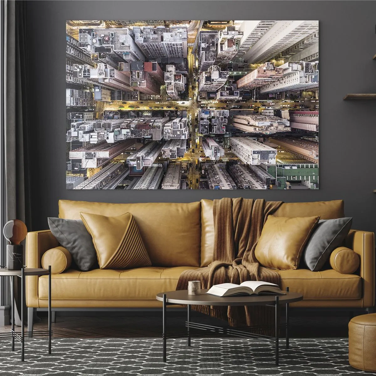 Obraz na skle - Pohled na metropoli z ptačí perspektivy - 70x50cm - Pozdrav z Hongkongu - Moderní nástěnná dekorace do obývacího pokoje a ložnice ARTTOR