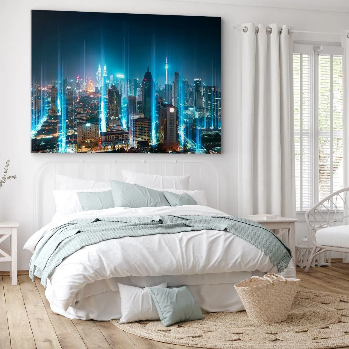 Obraz na plátně - Moderní město v noci s futuristickými světelnými akcenty. - 70x50cm - Berlinským způsobem do nebe - Moderní nástěnná dekorace do obývacího pokoje a ložnice ARTTOR