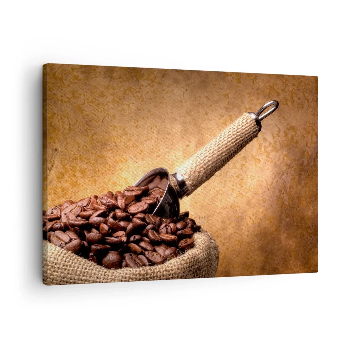 Obraz na plátně - Kávová zrna v jutovém sáčku s kovovou lžičkou - 70x50cm - U zdroje chuti - Moderní nástěnná dekorace do obývacího pokoje a ložnice ARTTOR