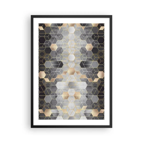 Plakát v černém rámu - Geometrický šestiúhelníkový vzor v odstínech zlaté a šedé - 50x70cm - Diamantová kompozice - Moderní nástěnná dekorace do obývacího pokoje a ložnice ARTTOR