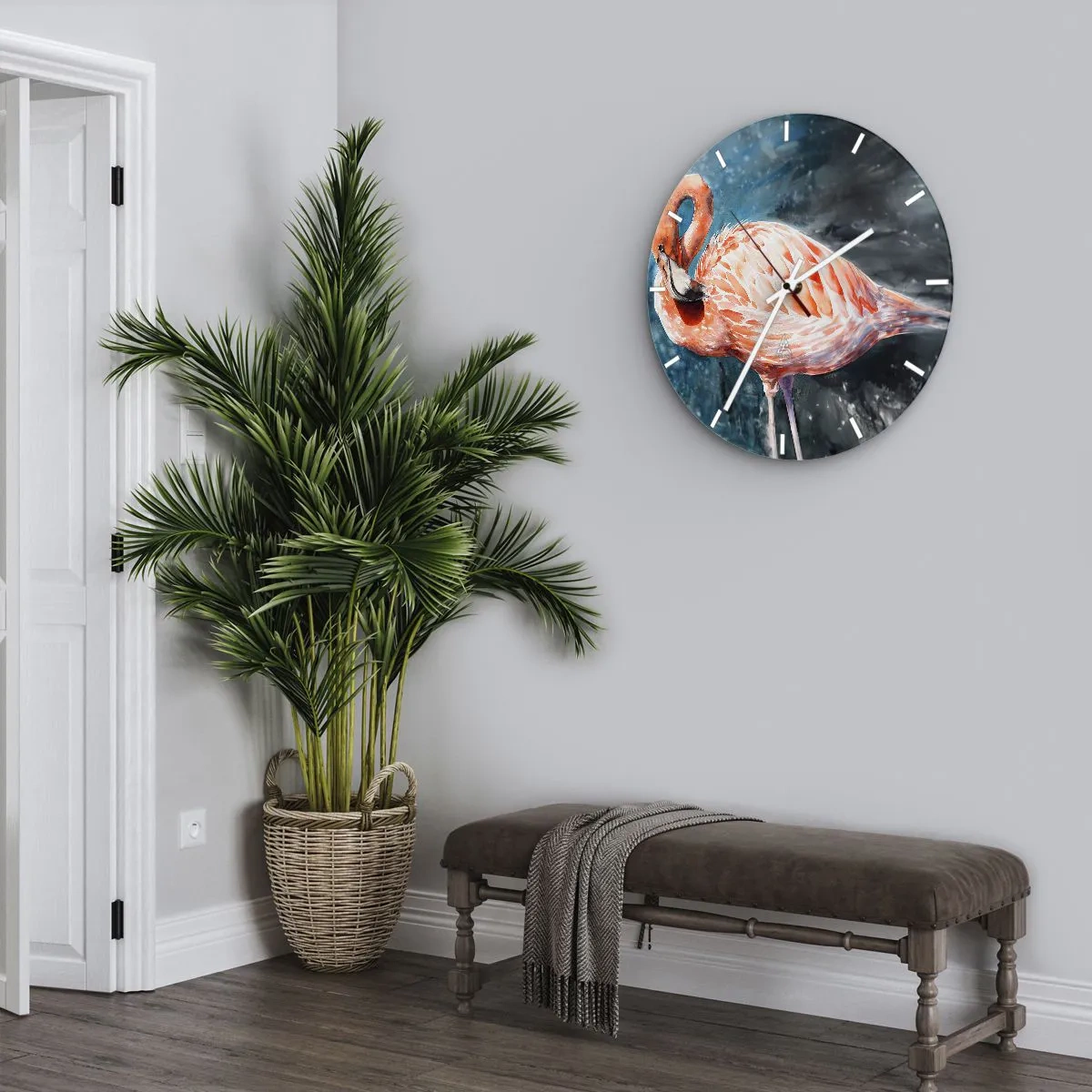 Nástěnné hodiny - Akvarelový plameňák na tmavě modrém pozadí - 30x30cm - Dekorativní od přírody - Moderní nástěnná dekorace do obývacího pokoje, kuchyně a ložnice ARTTOR