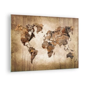 Obraz na skle - Mapa světa v hnědých odstínech imitujících dřevo - 70x50cm - Objev světa - Moderní nástěnná dekorace do obývacího pokoje a ložnice ARTTOR