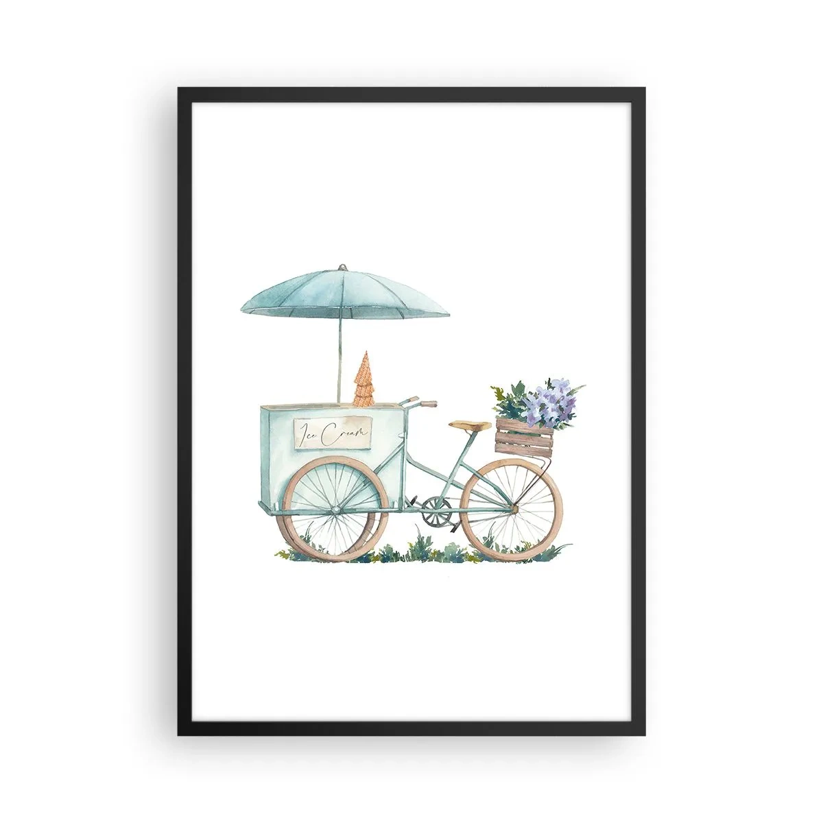 Plakát v černém rámu - Akvarelová ilustrace kola se zmrzlinou a květinami - 50x70cm - Sladká vzpomínka na léto - Moderní nástěnná dekorace do obývacího pokoje a ložnice ARTTOR