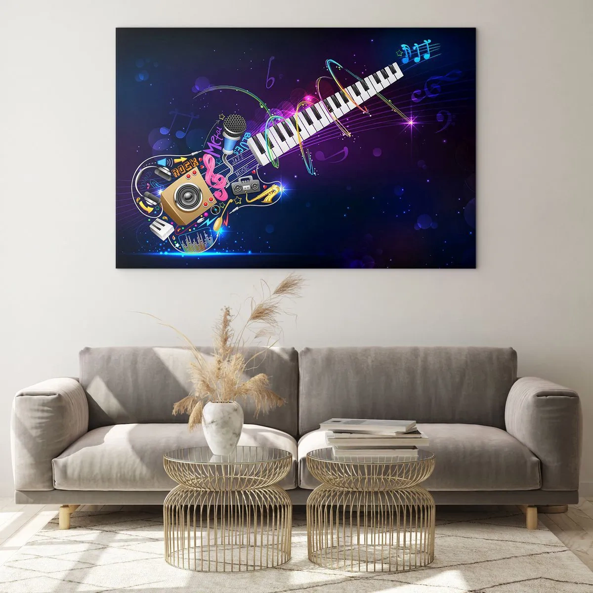 Obraz na skle - Barevná hudební kompozice s nástroji a notami - 70x50cm - A všechno hraje - Moderní nástěnná dekorace do obývacího pokoje a ložnice ARTTOR