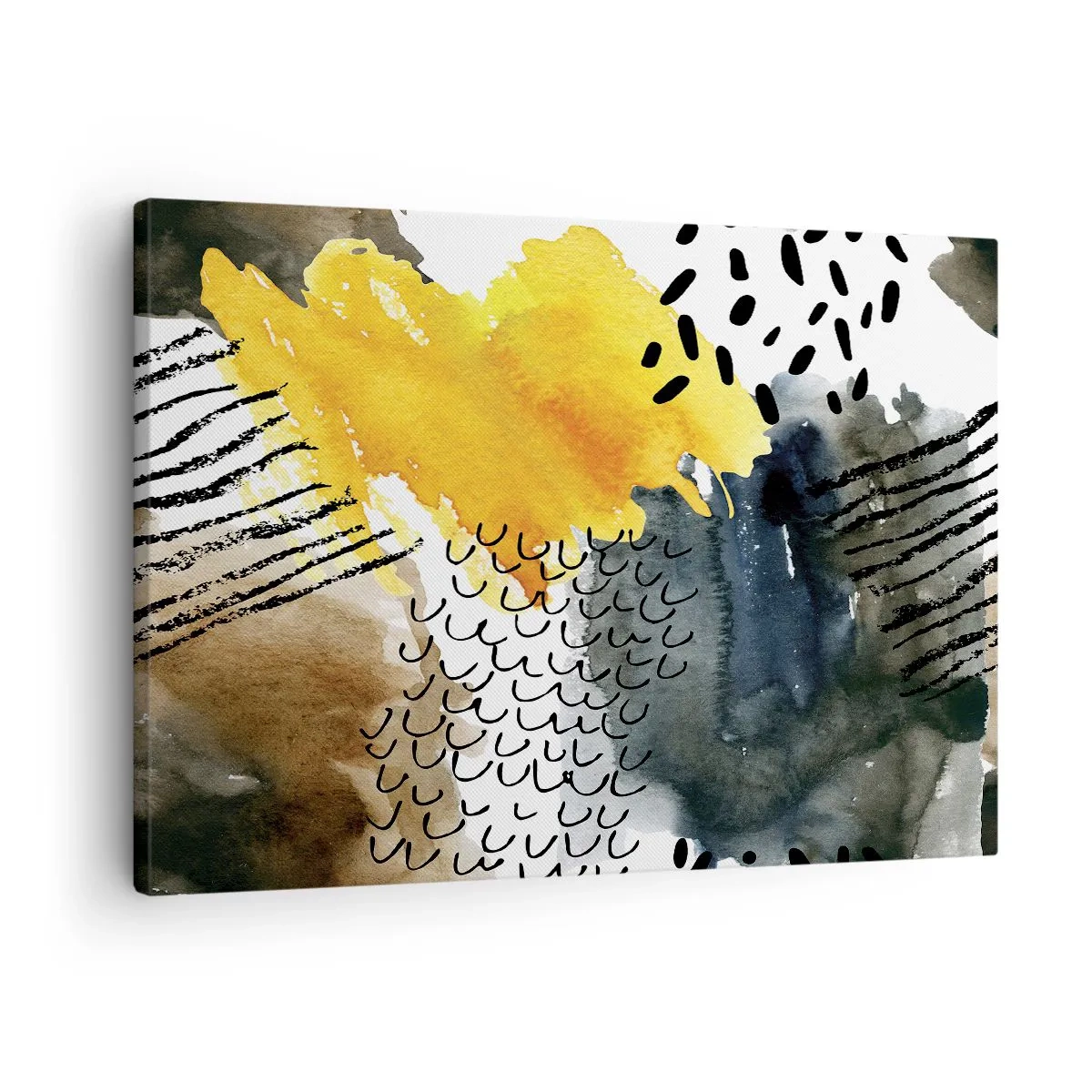 Obraz na plátně - Abstraktní kompozice se žlutými akcenty a grafickými vzory. - 70x50cm - Setkání živlů - Moderní nástěnná dekorace do obývacího pokoje a ložnice ARTTOR