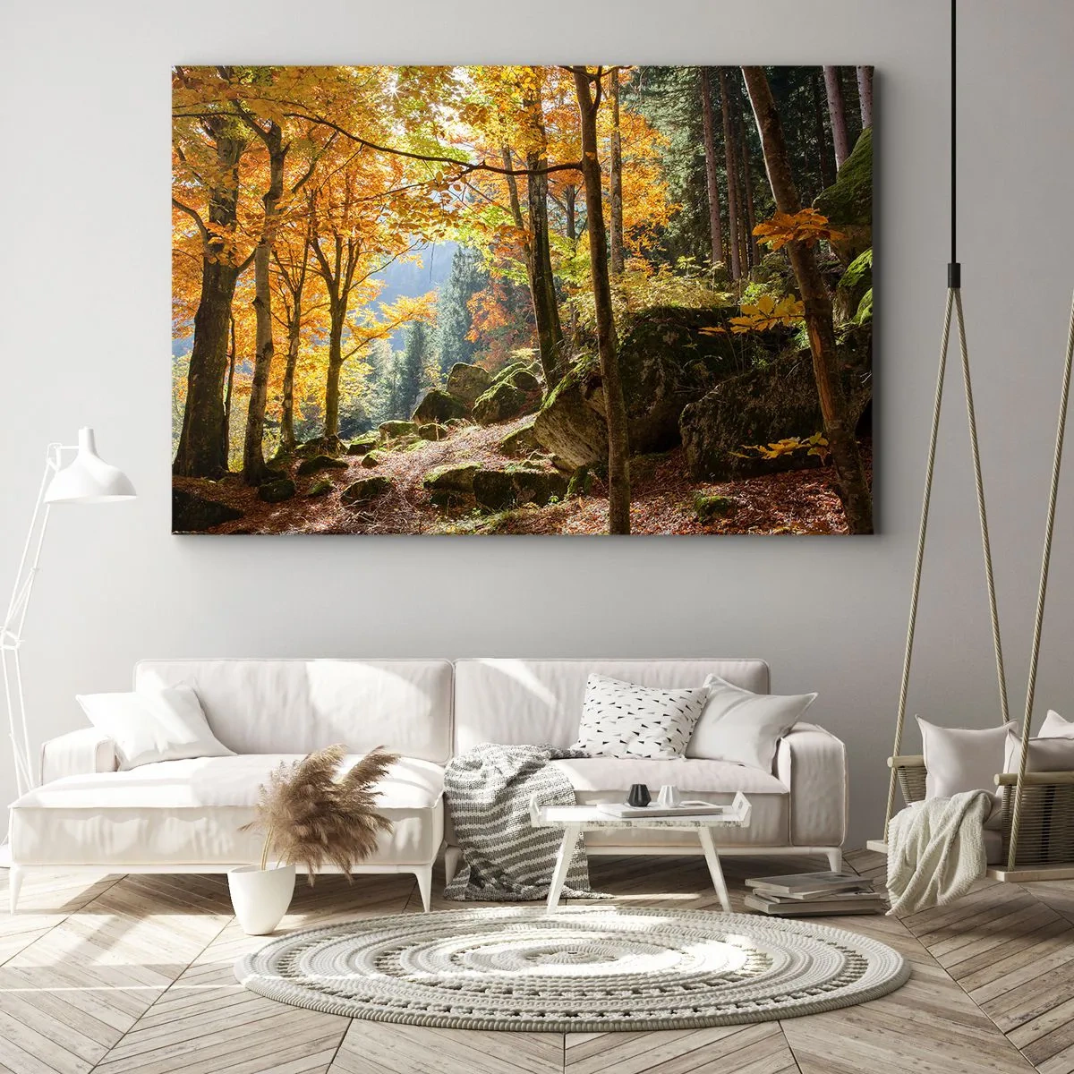 Obraz na plátně - Podzimní les plný zlatého listí a slunečního světla - 70x50cm - Čas na odpočinek - Moderní nástěnná dekorace do obývacího pokoje a ložnice ARTTOR