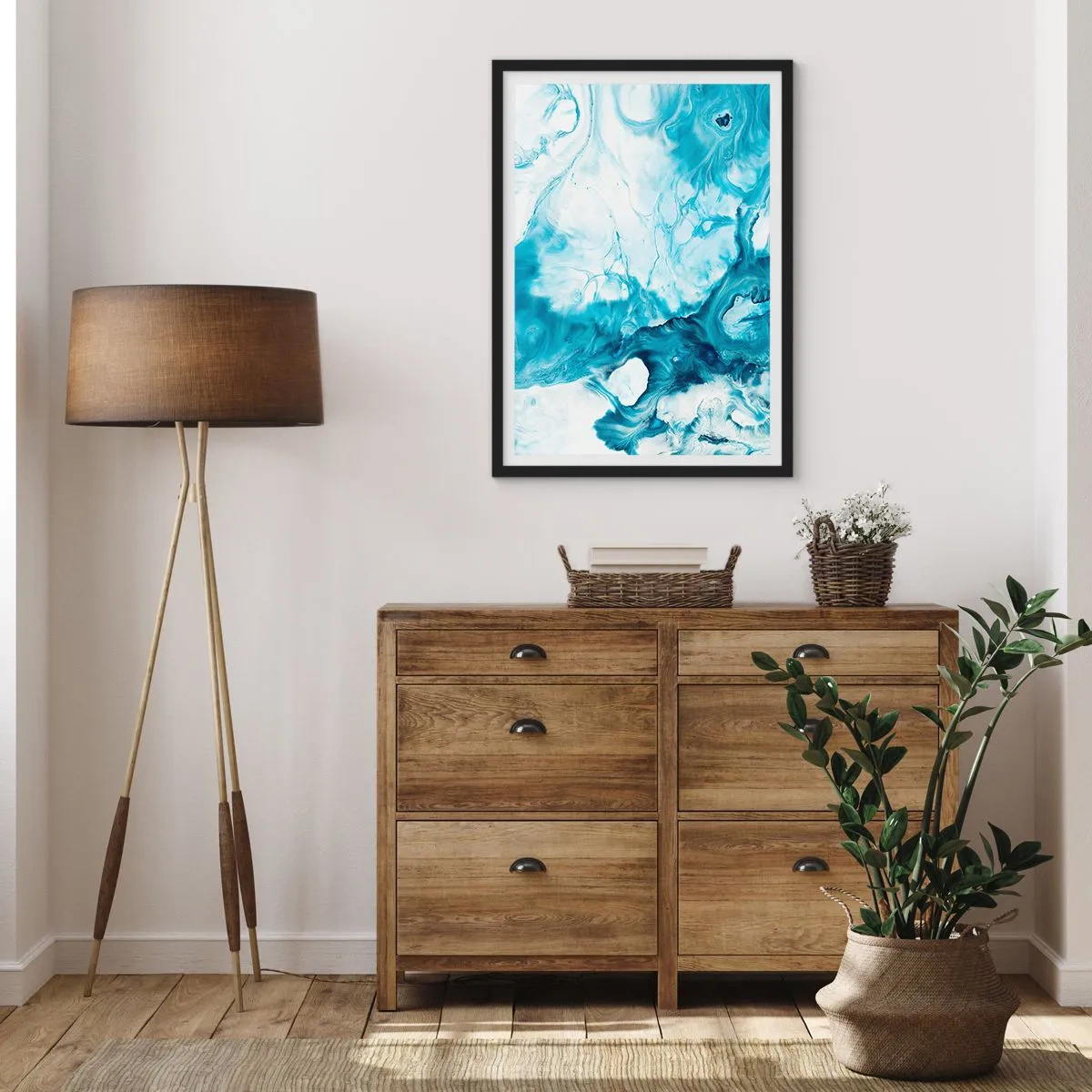 Plakát v černém rámu - Abstraktní kompozice v odstínech modré a bílé - 50x70cm - Modrý koncert - Moderní nástěnná dekorace do obývacího pokoje a ložnice ARTTOR