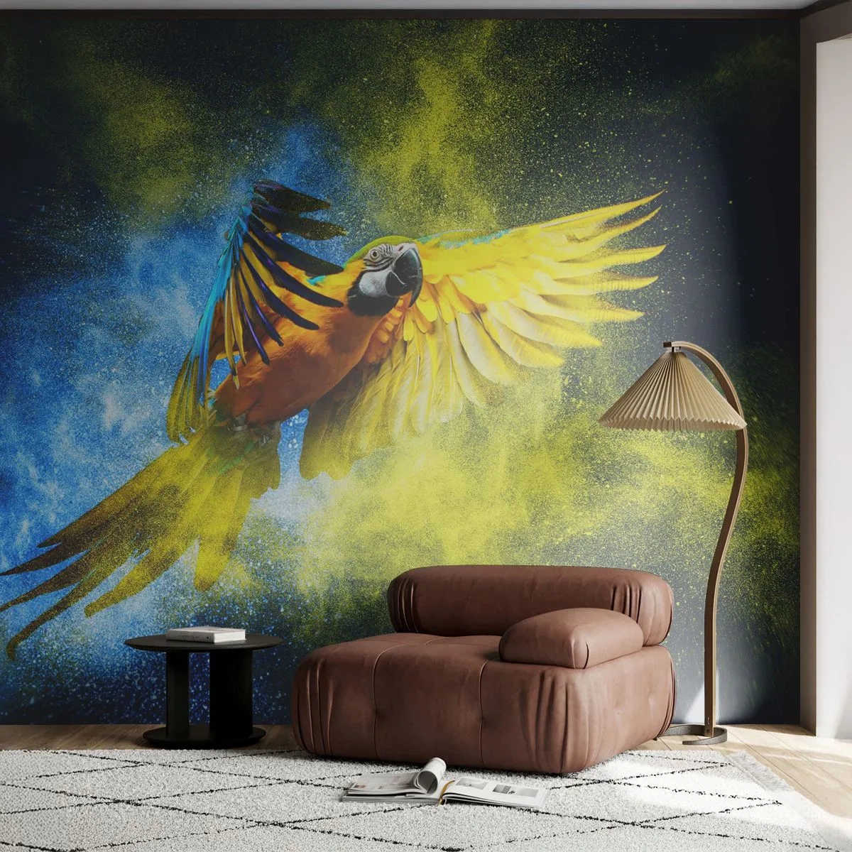 Fototapeta Samolepicí Deluxe Sticker - V modro-zlatém prachu - Papoušek, Abstrakce, Kus - 250x175 cm